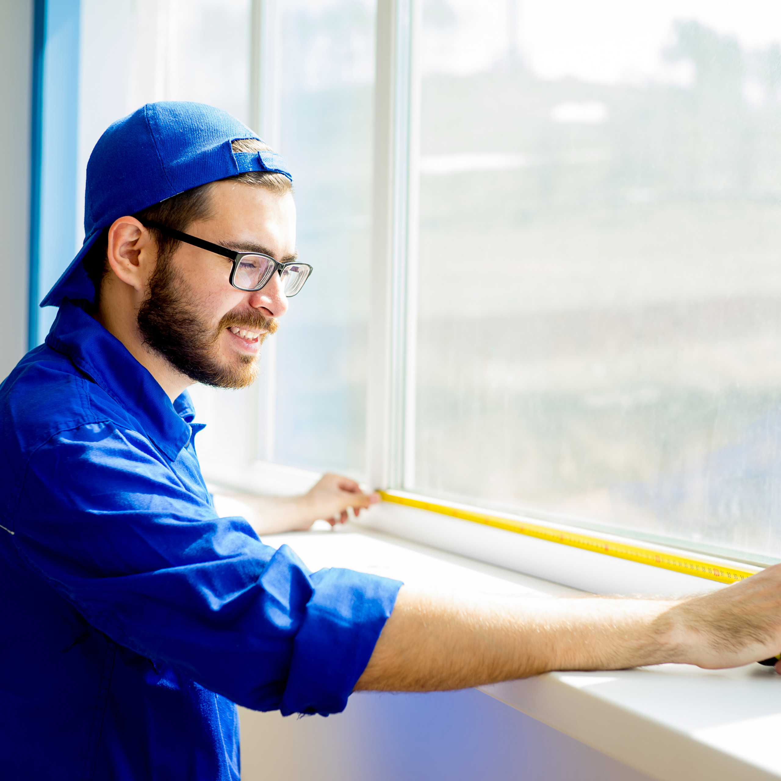 Man in blue measures window