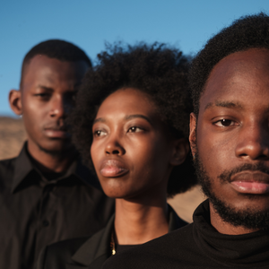 3 people dressed in all black with serious gazes